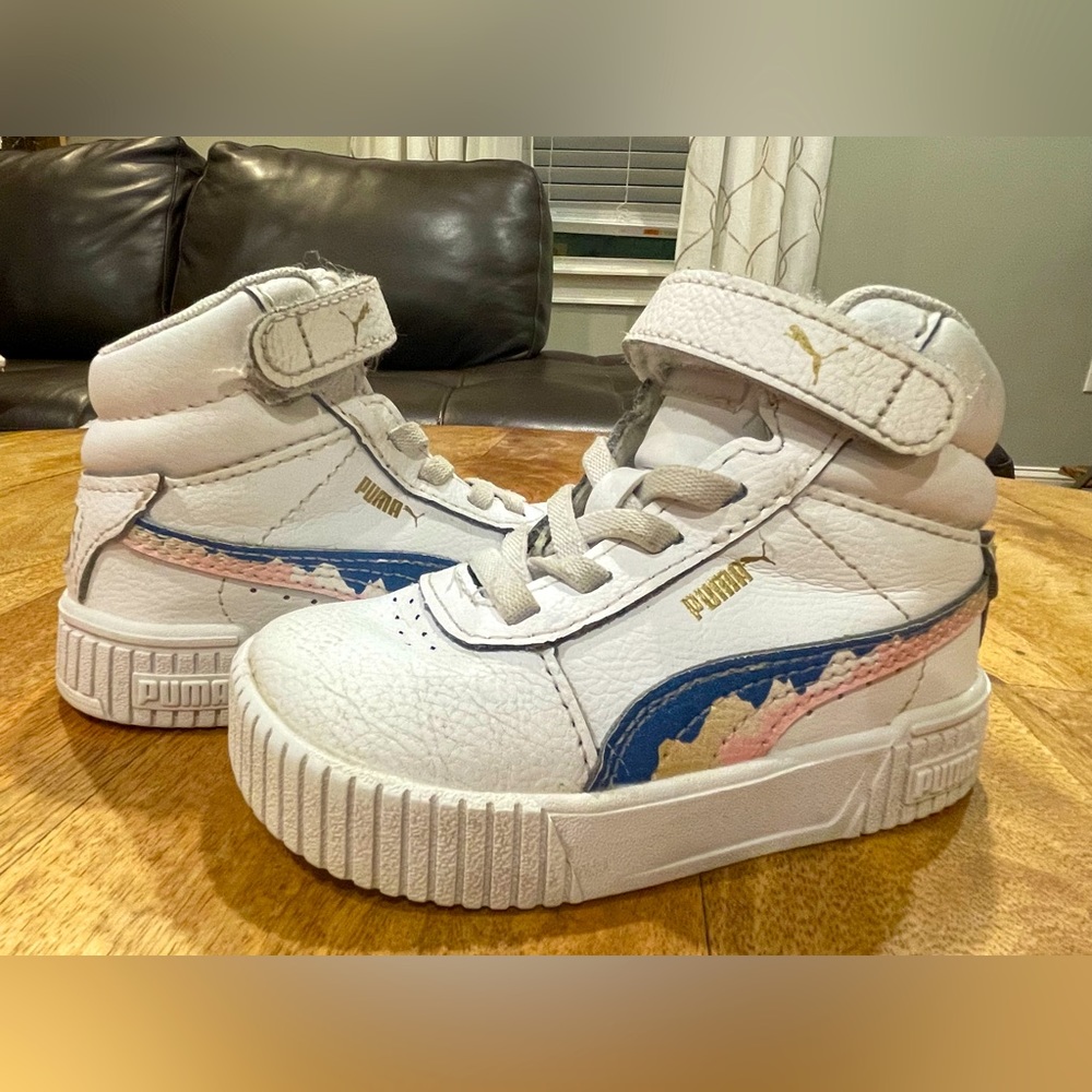 Puma Toddler SZ 6 White Carina High-Top Sneakers with Purple and Pink Accents